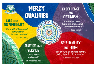 Mercy qualities graphic featuring care and responsibility, excellence and optimism, justice and service, and spirituality and faith