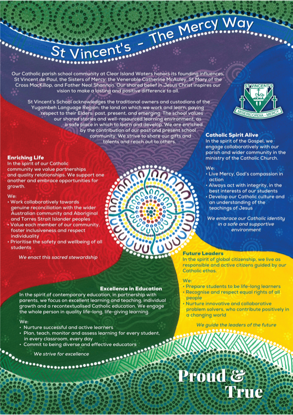 Infographic titled St Vincent’s The Mercy Way outlining Catholic identity, values of compassion, justice and service, and principles guiding learning, community and leadership