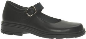 A black Mary Jane style school shoe featuring a leather upper with an adjustable leather strap with buckle